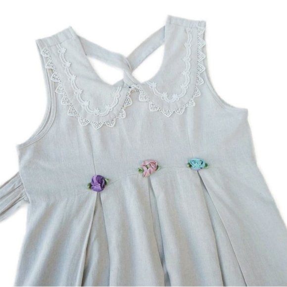 Vintage Peasant Midi Dress Fit Flare Empire Linen Blend Empire Twist Back Tie 14 - Picture 8 of 11